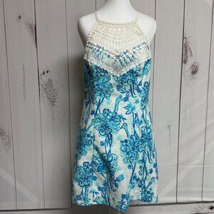 Lilly Pulitzer Pearl Dress Blue Flamingo Print Women’s Size 8 EUC